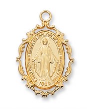 GOLD PLATED PEWTER MIRACULOUS MEDAL ON 18'' CHAIN