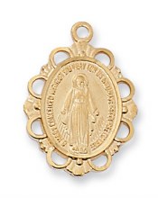 GOLD TONE PEWTER MIRACULOUS SCALLOPED MEDAL WITH 18'' CHAIN