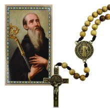 ST BENEDICT LARGE WOOD BEAD ROSARY W/HOLY CARD