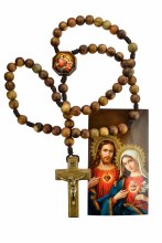 TWO HEARTS LARGE WOOD BEAD ROSARY W/ HOLY CARD