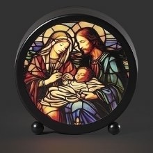LIGHTED ROUND HOLY FAMILY STAIN GLASS