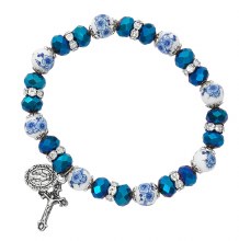 METALLIC BLUE/BLUE FLOWER CERAMIC BEAD BRACELET