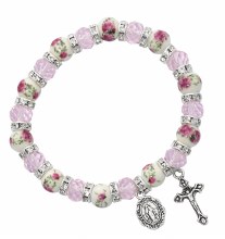 PINK CRYSTAL/PURPLE FLOWER CERAMIC BEAD BRACELET