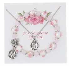 16-18'' ADJUSTABLE CHAIN WITH MIRACULOUS PENDANT AND PINK FLOWER BUTTERFLY STREATCH BRACELET