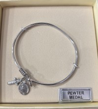 PEWTER MEDAL WITH MIRACULOUS MEDAL AND CRUCIFIX BANGLE