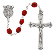RED LADY BUG SILVER OX ROSARY 19''