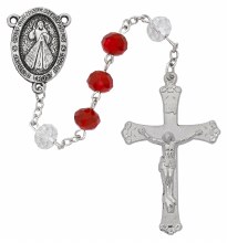 RED/CRYSTAL BEAD ROSARY WITH DIVINE MERCY