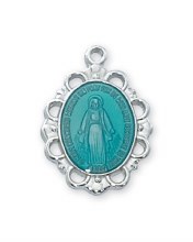 RHODIUM PLATED MIRACULOUS MEDAL WITH BLUE EPOXY