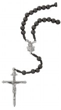 ST MICHAEL BLACK WOOD BEAD ROSARY NECKLACE