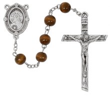 SACRED HEART BROWN WOOD BEAD ROSARY