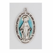 STERLING SLIVER MIRACULOUS MEDAL WITH BLUE EPOXY AND 20'' RHODIUM CHAIN