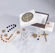 ST BENEDICT BROWN GLASS BEAD ROSARY