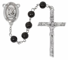 ST MICHAEL BLACK WOOD BEAD ROSARY W/ SILVER OX CRUCIFIX & CENTER