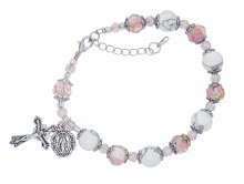 WHITE STONE PINK FLOWER ROSARY BRACELET
