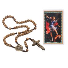 ST MICHAEL LARGE WOOD BEAD ROSARY W/ HOLY CARD