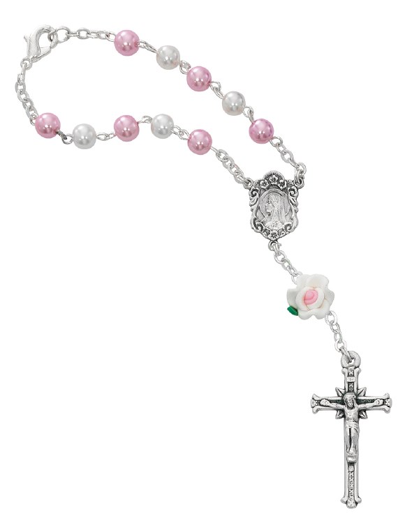 WHITE &amp; PINK PEARL WITH FLOWER AUTO ROSARY