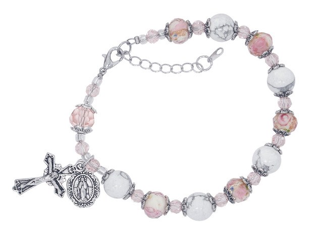 WHITE STONE PINK FLOWER ROSARY BRACELET