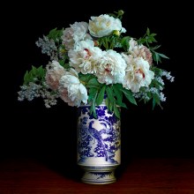 T.M. Glass, Peonies in a blue and white Chinese peacock vase