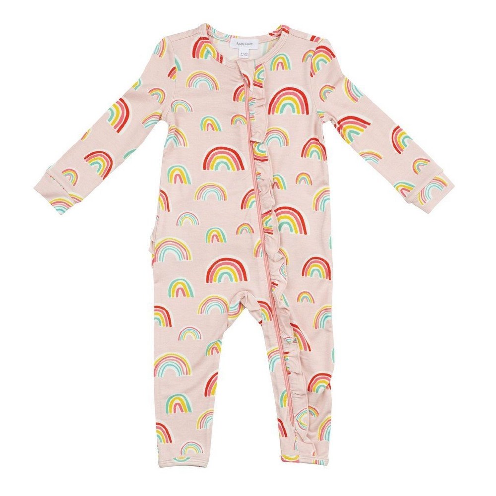 Angel Dear Pink Rainbows Ruffle Zipper Romper Modern Natural Baby