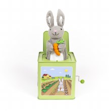 Our plush bunny is holding a carrot and ready to come out and play! This classic toy plays 'Here Comes Peter Cottontail' to your child's delight. The beautiful tin box features hand-drawn scenes of our bunny playing.

Ages 3+
