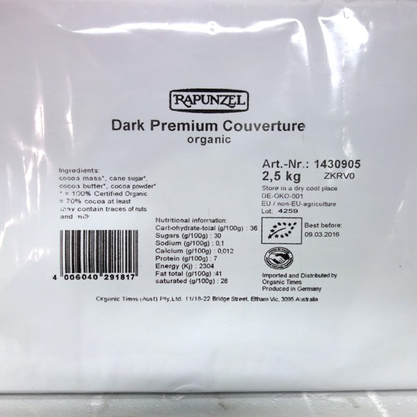 Dark Chocolate Couverture 70% Bulk 2.5kg