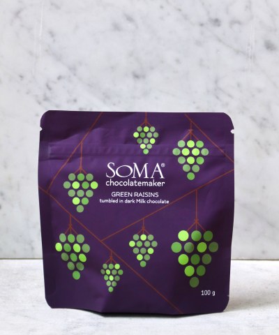 SOMA Green Raisins tumbled in dark milk chocolate, 100g