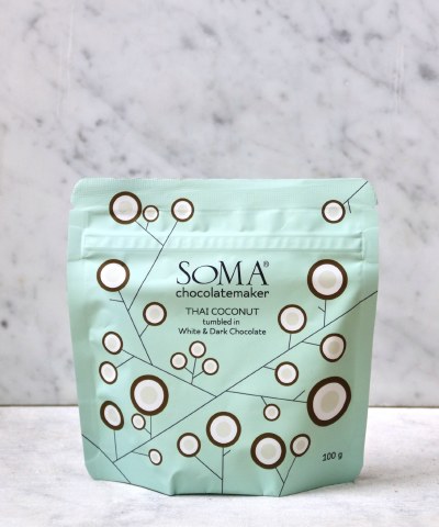SOMA Thai Coconut tumbled in white and dark milk chocolate, 100g