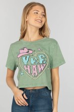 Cropped mint Yee Haw cowgirl rope and hat graphic tee.