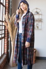 Navy, rust, and blue plaid duster with hood.