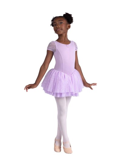 Danshuz Puff Sleeve Glitter Skirted Leotard 26204C 4-6 LAV
