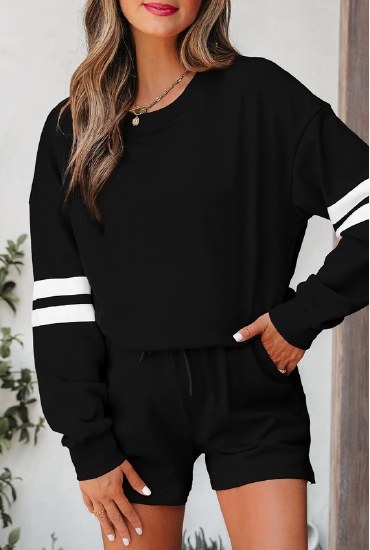 Full Time Purchase Varsity Striped Short Set LC628071 SM BLK