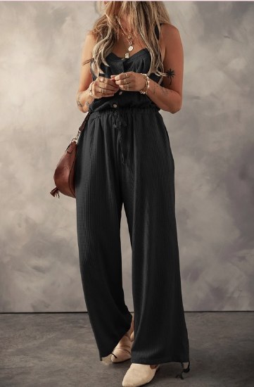 Full Time Purchase Knotted Strap Textured Jumpsuit LC6413045 SM BLK