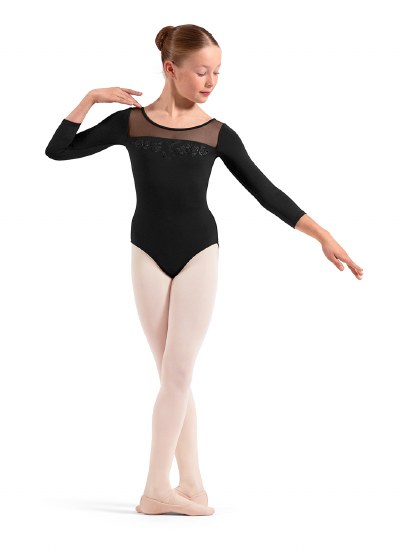 Mirella Embroidered 3/4 Sleeve Leotard M60004C 8-10 BLK