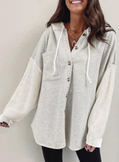 Full Time Purchase Patchwork Hooded Button Down MD5003 LG GREY