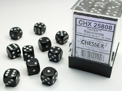 Chessex Opaque 12mm D6 Dice Block Black/White (36)
