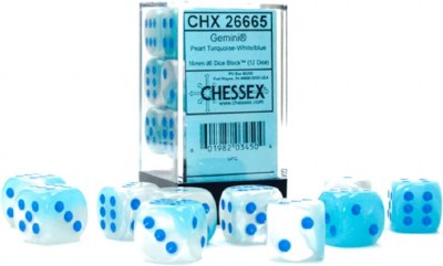 Chessex Gemini 12 D6 Pearl Turquoise-White/blue Dice Block