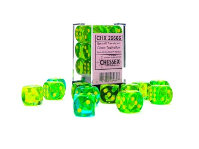 Chessex Gemini 12 D6 Transluent Green-Teal/yellow Dice Block