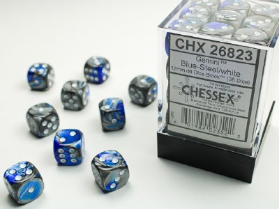 Chessex Gemini 12mm D6 Dice Block (36) Blue-Steelw/ White
