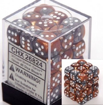 Chessex Gemini 12mm D6 Dice Block (36) Copper-Steel w/ White