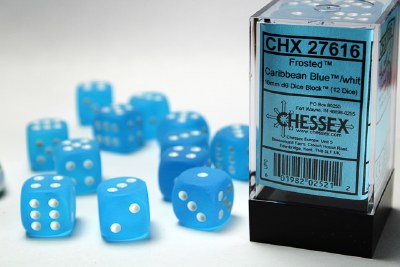 Chessex Frosted 16mm D6 Dice Block(12)  Caribbean Blue/white
