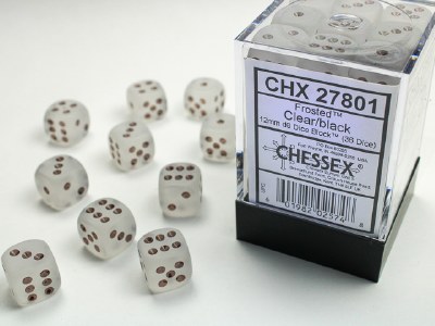 Chessex Frosted 12mm d6 Dice Block (36) Clear/Black
