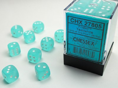 Chessex Frosted 12mm d6 Dice Block (36) Teal/White