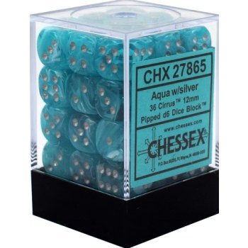 Chessex Cirrus 12mm d6 Dice Block (36) Aqua/Silver