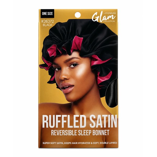 Glam Ruffled Satin Reversible Sleep Bonnet #26372 - Black
