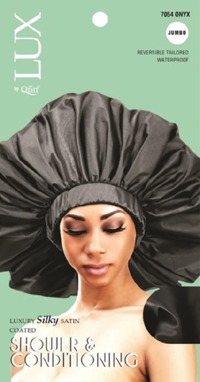QFitt Lux  Luxury Silky Satin Coated Shower and Conditioning Assorted Colors Hair Cap #7054 Onyx Jumbo