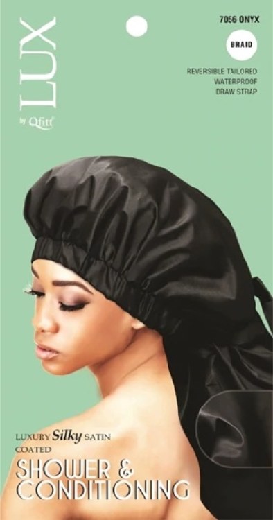 QFitt Lux  Luxury Silky Satin Coated Shower and Conditioning Onyx Hair Cap #7056 Onyx Braid