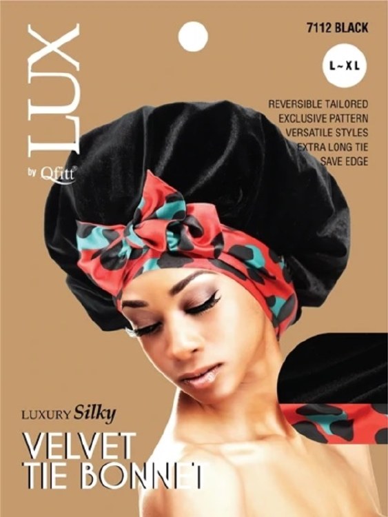 QFitt Lux  Luxury Silky Velvet Tie Bonnet #7112 Black LXL
