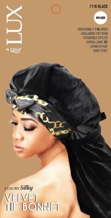 Qfitt Lux Luxury Silky Velvet Tie Bonnet #7116 Black Braid