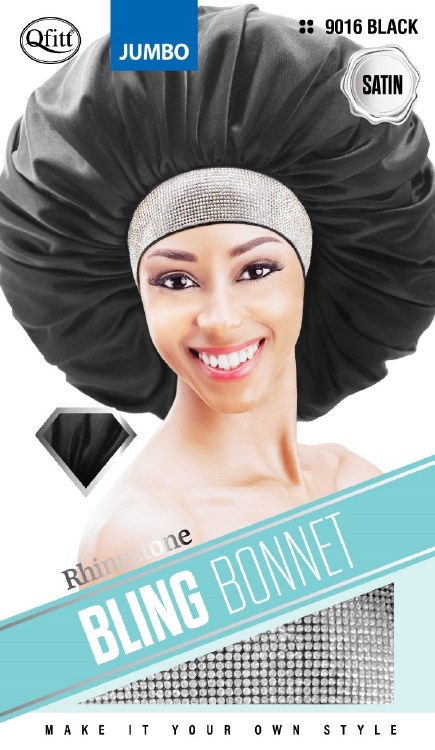 QFitt Bling Bonnet Rhinestone Satin #9016 Black Jumbo