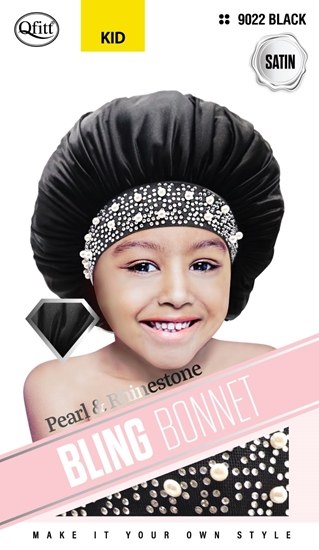 QFitt Pearl & Rhinestone Bling Bonnet for Kids #9022 Black Satin